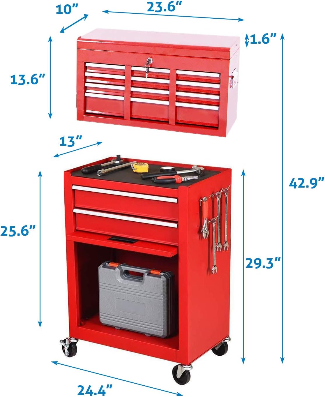 10 drawer tool box on Tool Organizers 8 Drawer Rolling Tool Chest Big Tool Chest And Tool Storage Cabinet Tool Chest With 4 Wheels Removable Portable Top Box With Lock Tool Chest For Garage And Warehouse Black Storage Home Organization