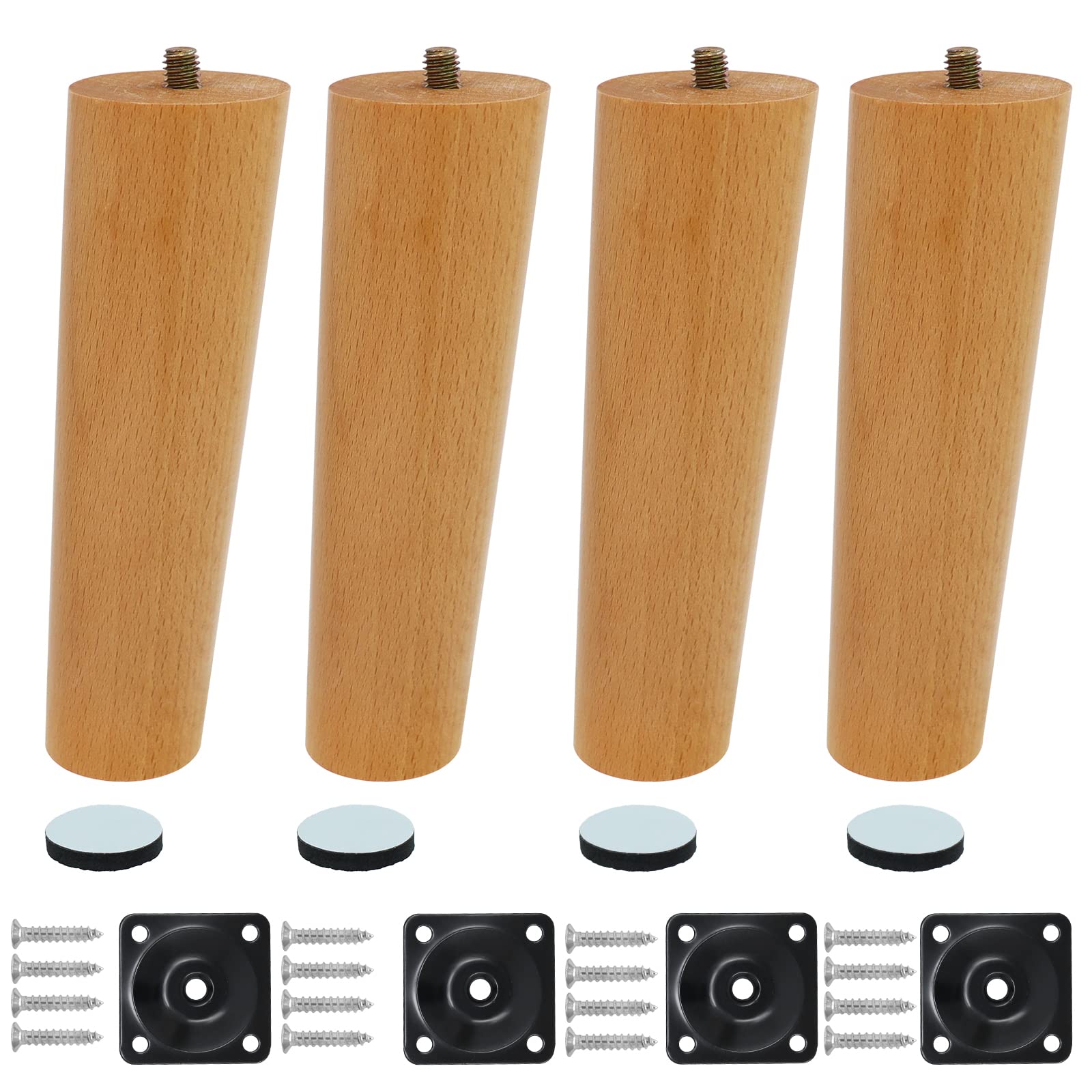 Wkmamo 4 Pcs Wooden Furniture Legs,Solid Beech Wooden Sofa Legs Replacement Furniture Feet,Table Legs Dresser Legs with Mounting Plate,Screws and Anti Slip Mats (15 cm, Bevel)