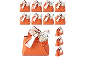 NOWDER 12 Pack Leather Wedding Candy Gift Bags with Handle Reusable Party Favor Boxes for Baby Showers Birthday Christmas Halloween (Orange)