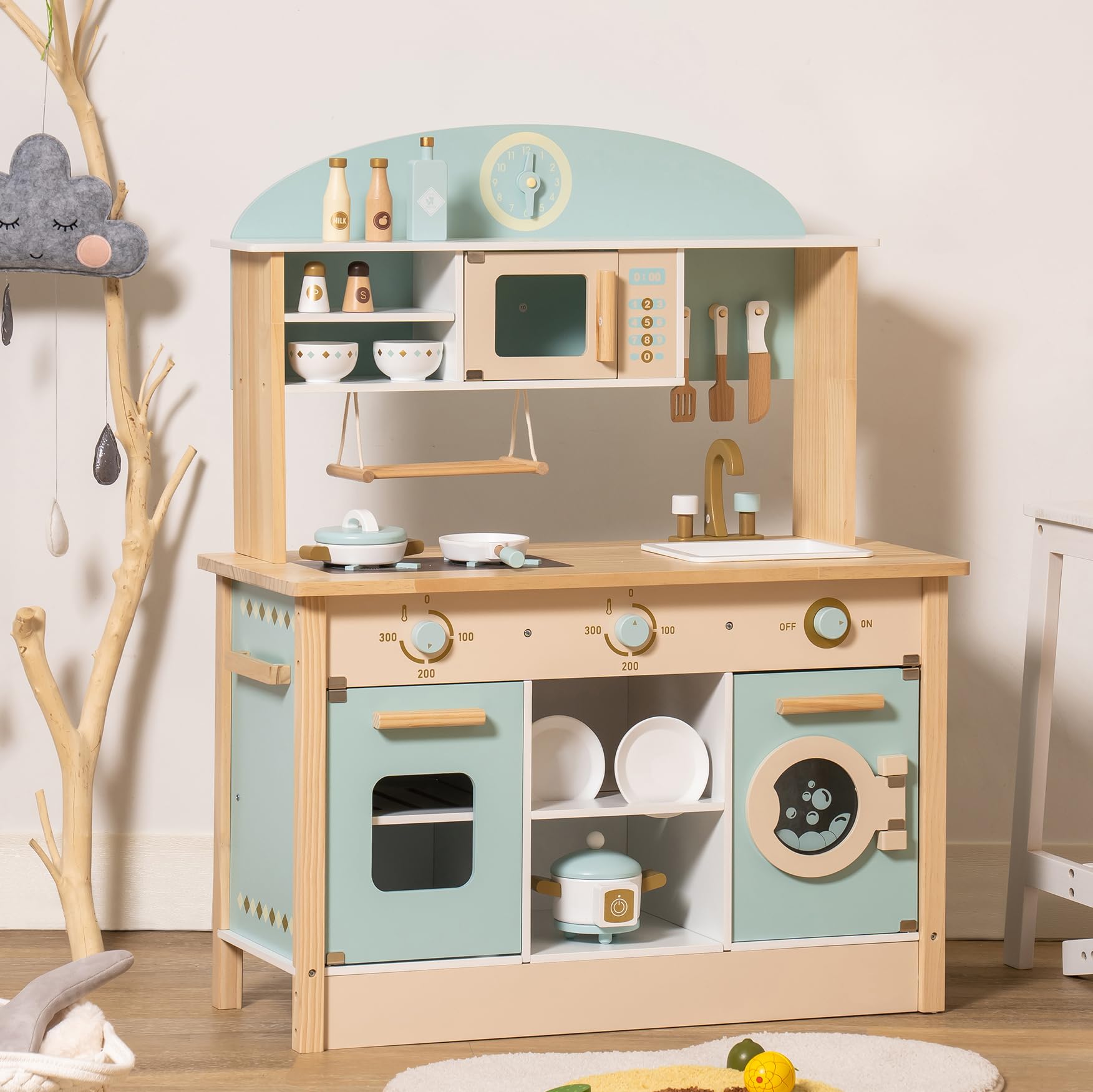 ROBOTIME Kids Kitchen Wooden Play Kitchen Playset with Cooking Utensil Toys, Pretend Role Play Toys Kitchen for Girls Boys Ages 3+ (Blue)