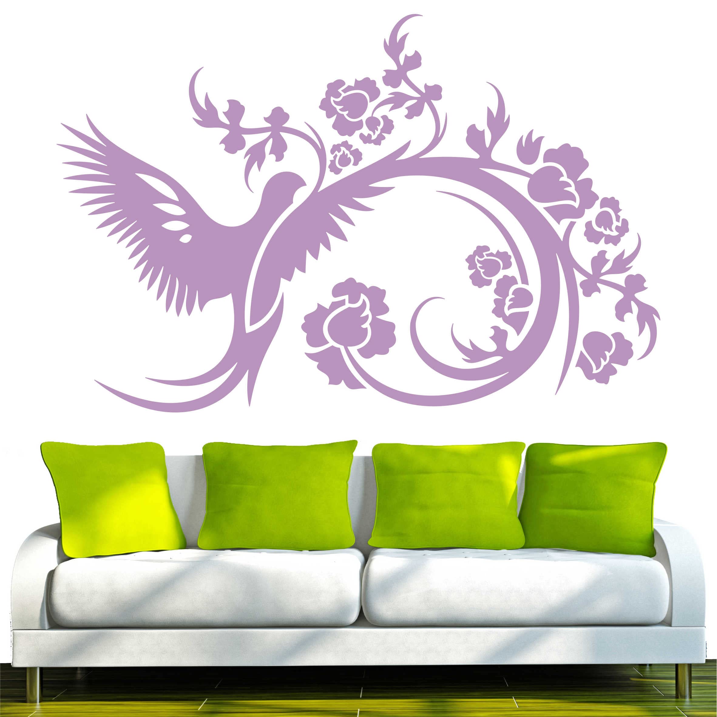 INDIGOS UG Wall Sticker, Wall stickers – D37 Abstract Tribal/Large Bird on Filigree Spiral with a range of beautiful flowers, Vinyl, lilac, 40 x 26 x 1 cm