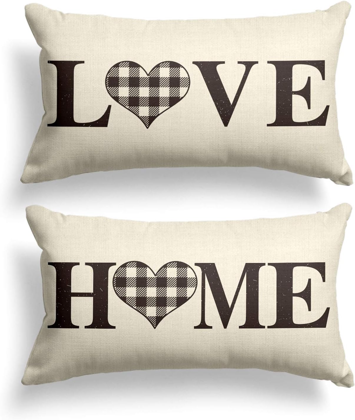 AVOIN Set of 2 Buffalo Check Plaid Love Heart Home Throw Pillow Cover, 12 x 20 Inch White and Black Holiday Fall Thanksgiving Rustic Farmhouse Cushion Case for Sofa Couch