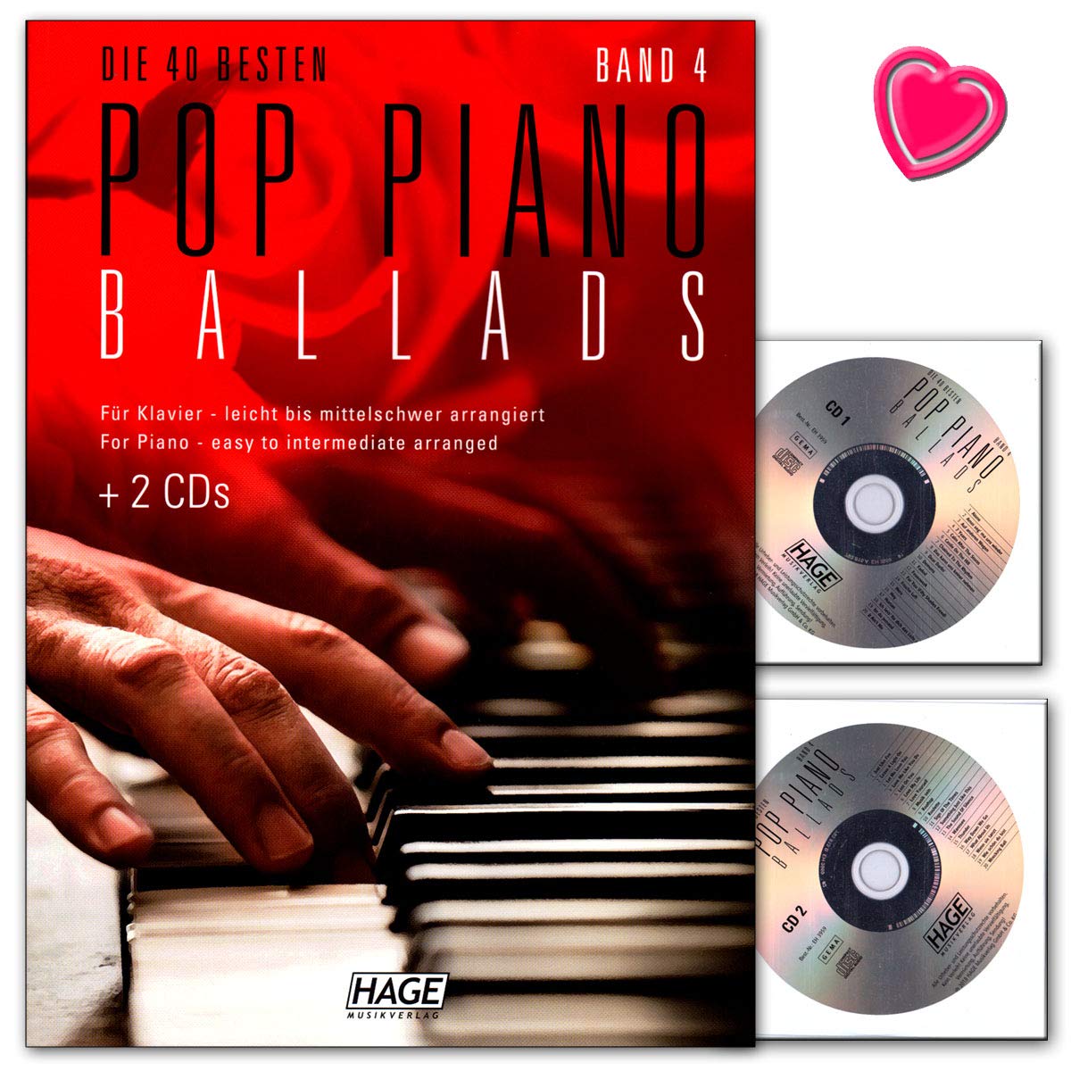 Hage Verlag EH3959 4026929920645 Pop Piano Ballads Volume 4 Songbook with 2 CDs and Colourful Heart-Shaped Music Clip