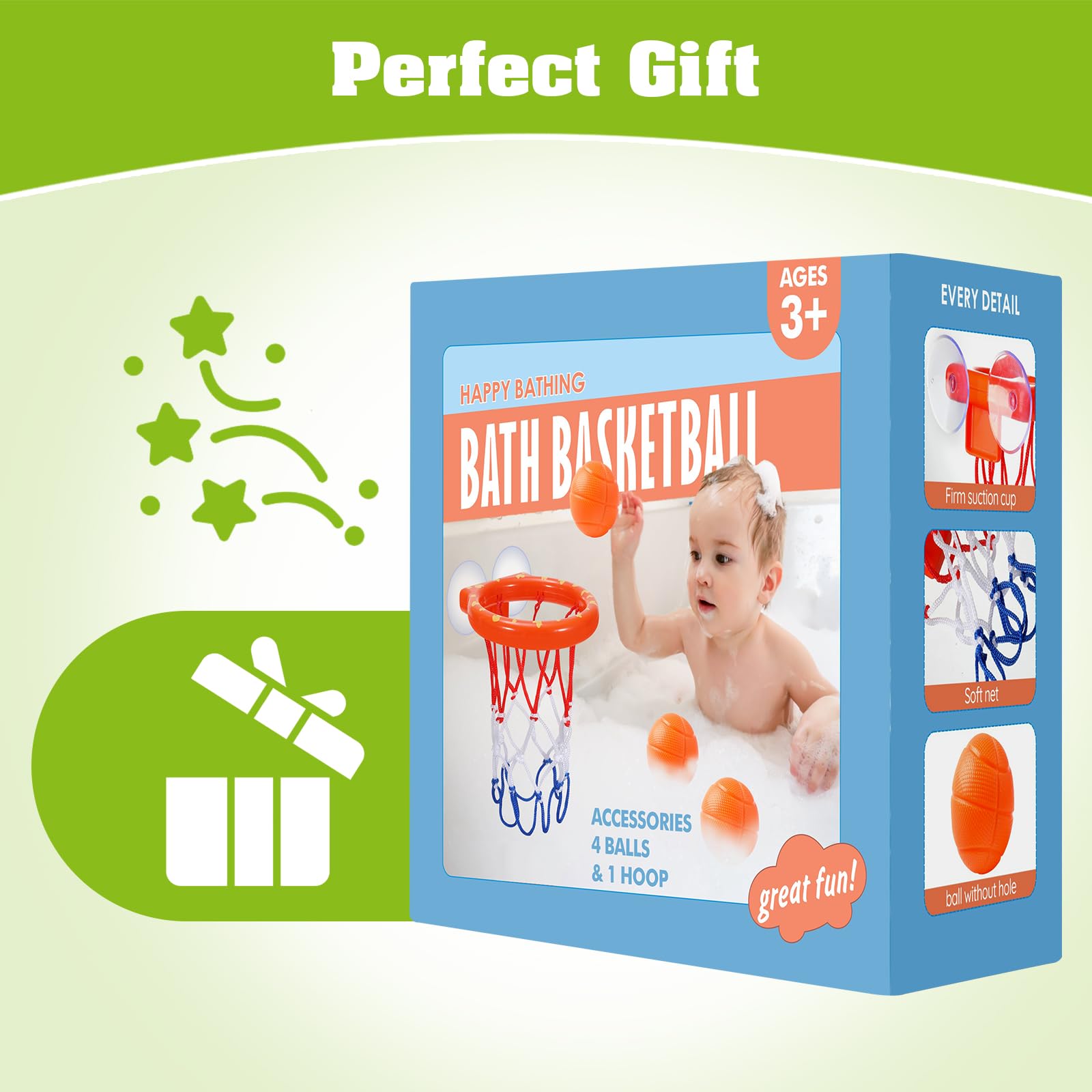 KSABVAIA Bath Toys - Bathtub Basketball Hoop for Kids Toddlers - Bath Toys Shower Toys for Kids Ages 4-8,Suction Cup Basketball Hoop & 3 No Hole Balls Set for Boys Girls