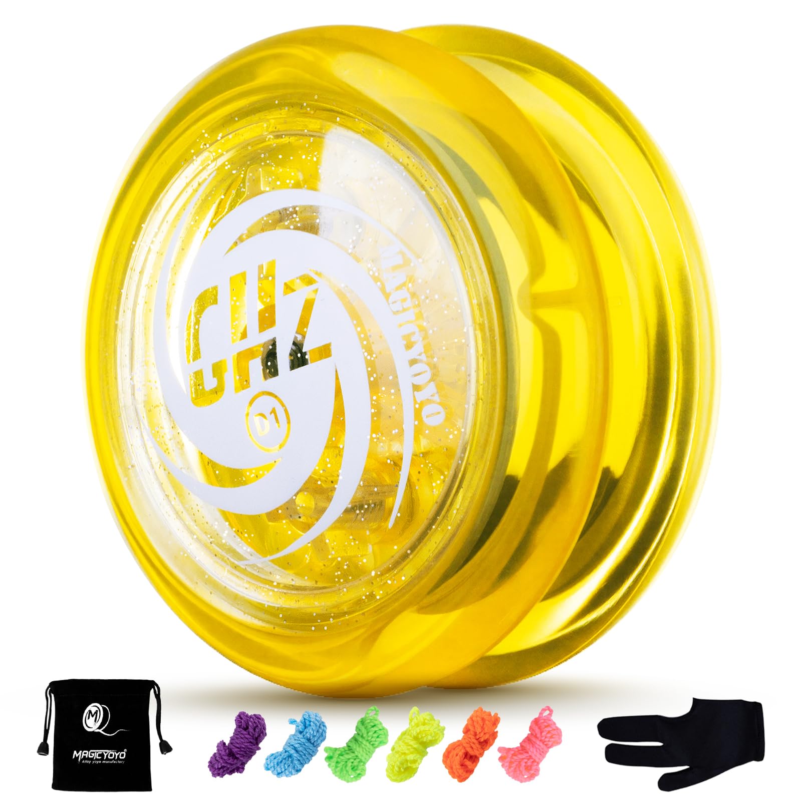 YOSTAR Yoyo D1 GHZ, Looping Responsive Yoyo with Glitter, Easy to Play Yo Yo for Kids & Beginners, Durable Plastic Yo-yo for 2a Trick, with 6 Extra Strings, Glove, Bag (Yellow)