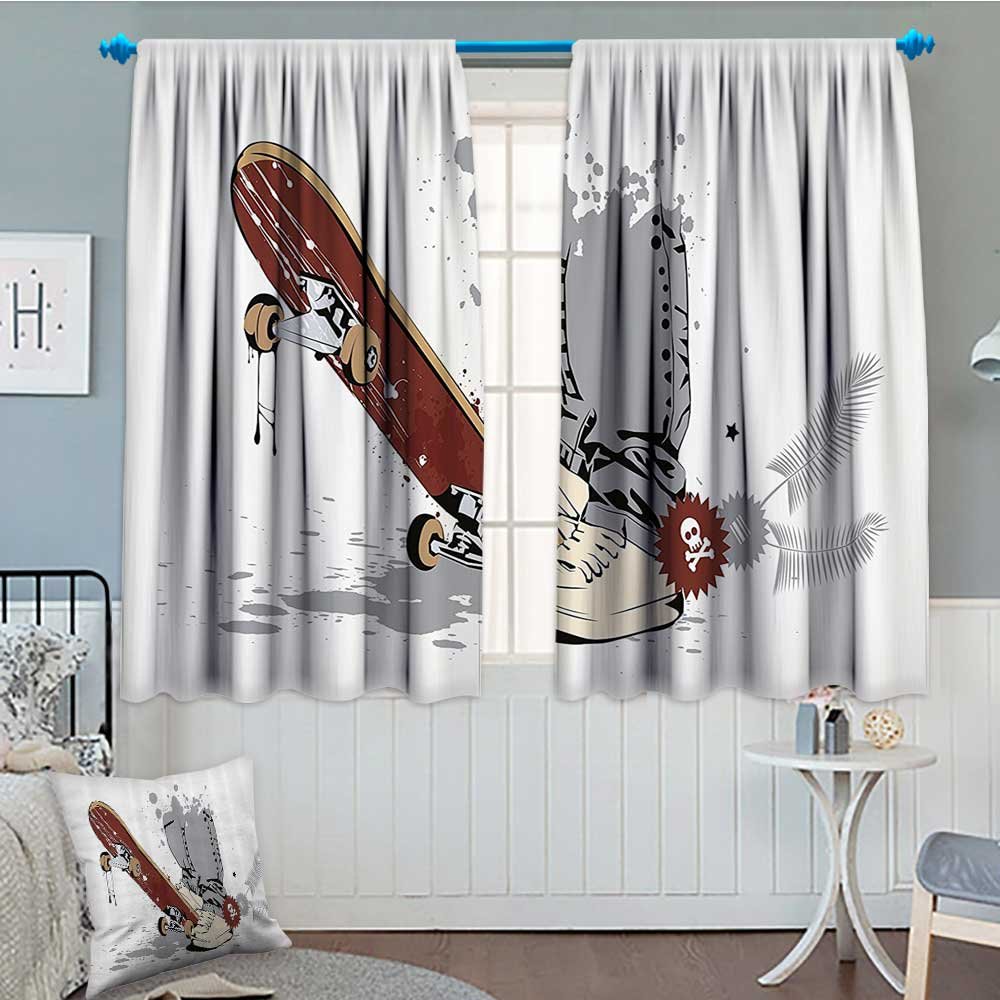 Strongger Teen Room Decor Thermal Insulating Blackout Curtain Skateboard with Boy Feet in Sneakers and Jeans Illustration Patterned Drape for Glass Door 52"x63" Grey Cream Chestnut Brown