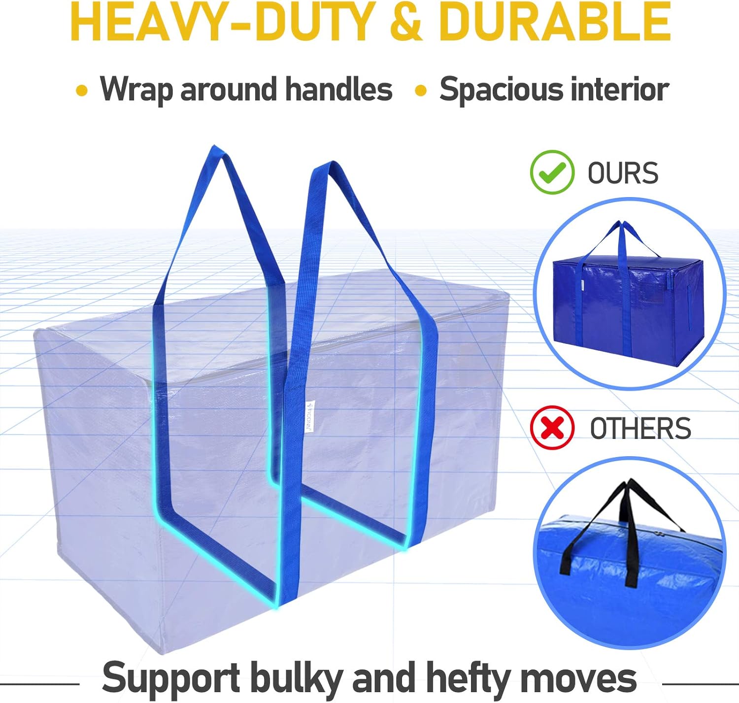 TICONN 2 Pack Extra Large Moving Bags with Zippers & Carrying Handles, Heavy-Duty Storage Tote for Space Saving Moving (Blue): Home & Kitchen