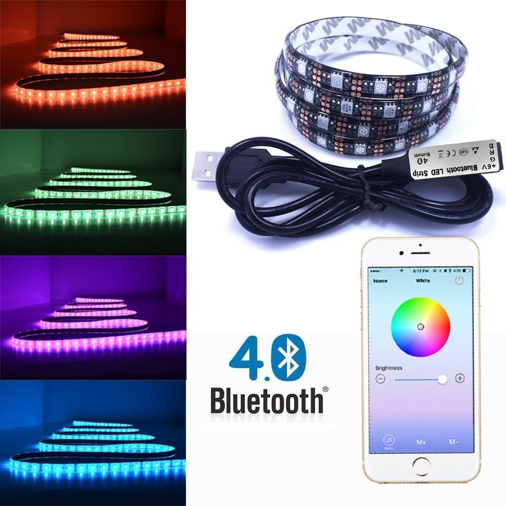 SHYU Bluetooth Smartphone Controlled RGB Color Changing LED Strip - For iPhone, iPad,Android and Amazon Fire Phones and Tablets-5V (6.56ft/2m, Black)