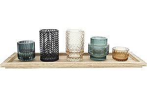 Bloomingville Embossed Glass & Metal Tealight/Votive Holders on Rectangle Wood Tray (Set of 6 Pieces)