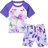 WAWSAM 2 Pieces Girls Rash Guard Toddler Swimsuit Girl Swimsuit Short Sleeve Bathing Suit for 3-6 Years
