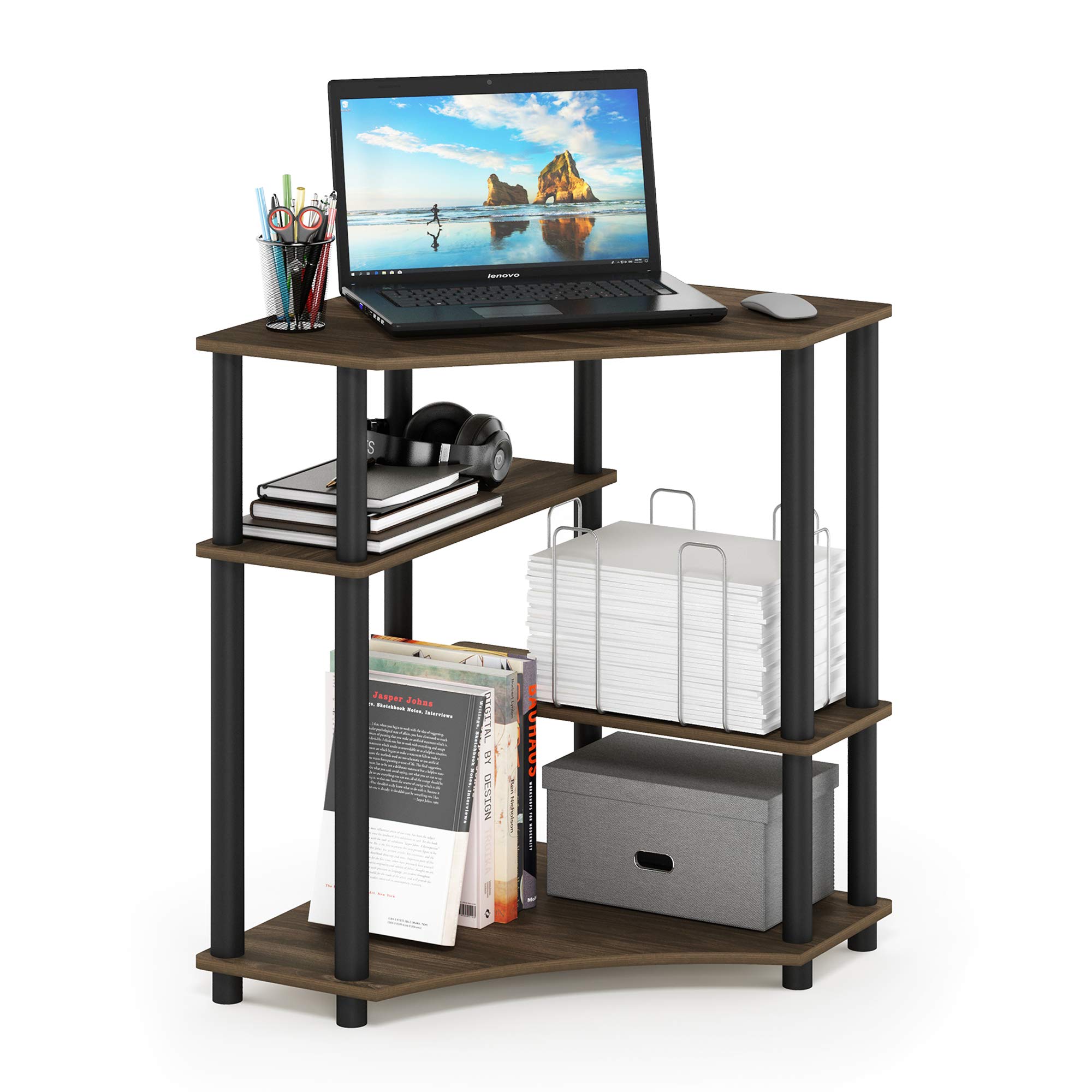 Furinno Turn-N-Tube Space Saving Corner Desk with Shelves, Columbia Walnut/Black