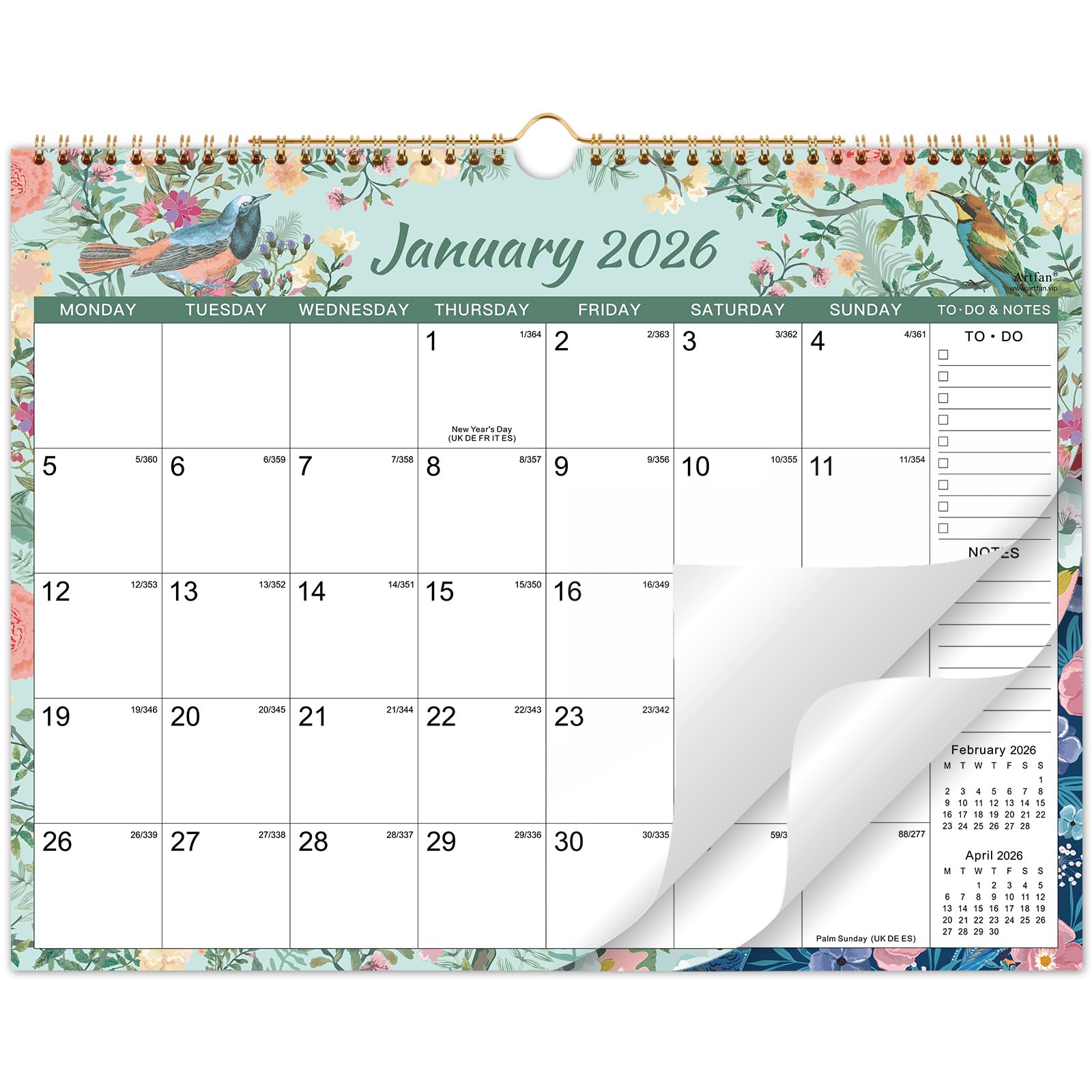 Calendar 2026 - Wall Calendar 2026 UK, 12 Month to View Calendar, Notes&To-do, Twin-Wire Binding, Hanging Hook, Jan. 2026 - Dec. 2026, 37.6 x 29 cm