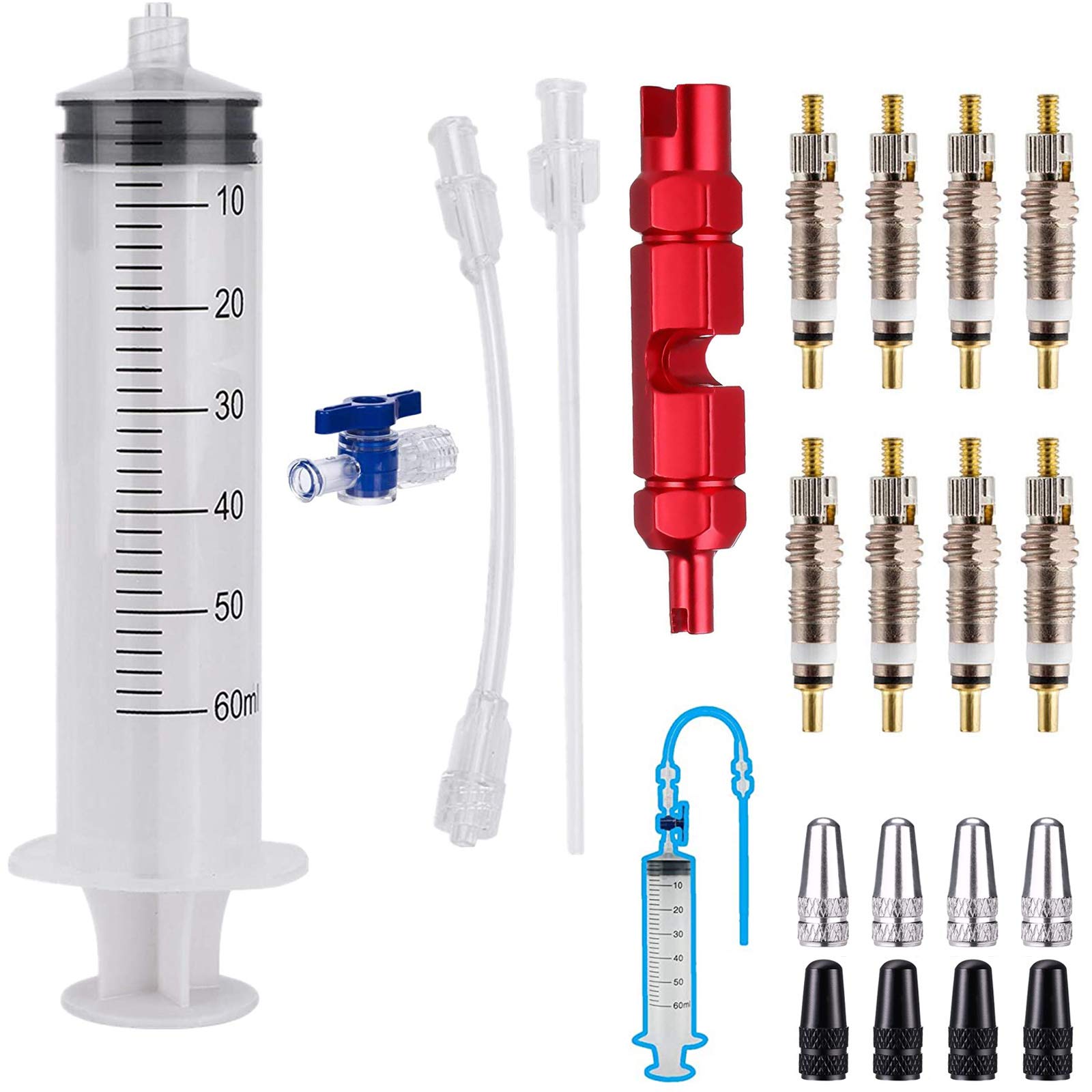 Cycling Syringe Set, Bicycle Tubeless Tire Sealant Injector Syringe with Switch and Presta Valve Core Presta Valve Cap Fit, Bicycle Presta Valve Core Removal Tool Set
