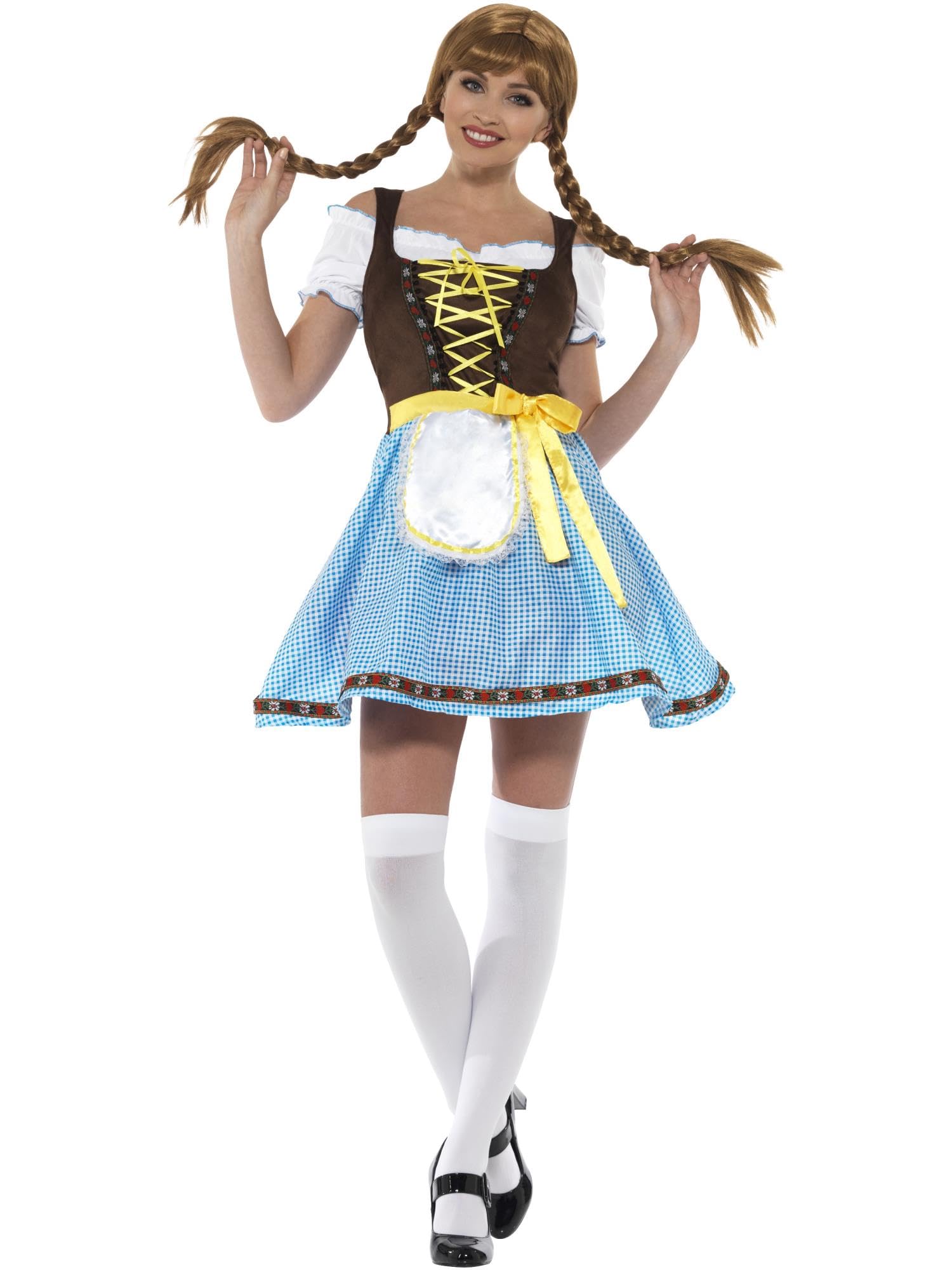 Smiffys Olga Bavarian Costume, Blue & White with Short Dress, Apron, Top & Mock Suede Bodice, Oktoberfest Fancy Dress, Adult Dress Up Costumes