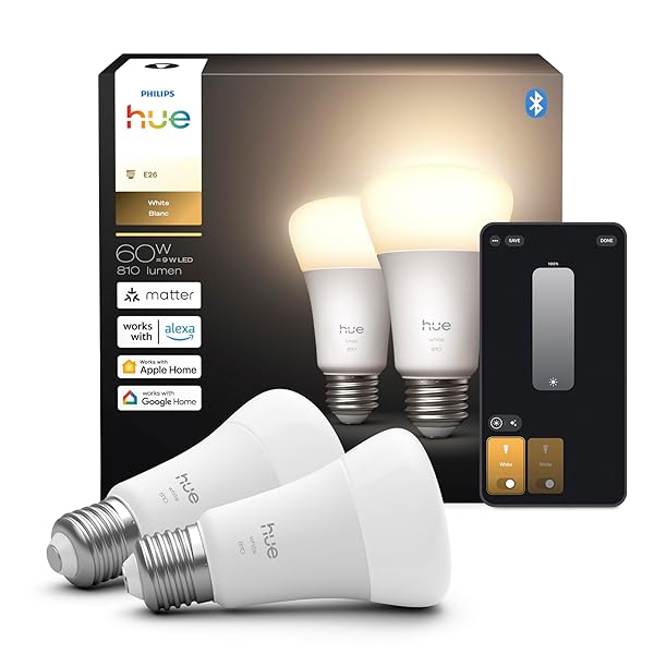 PHILIPS HUE SMART LED A19 BULB 2-PACK, WARM WHITE LIGHT 2700K, E26 BASE, 9W, 810 LUMENS, DIMMABLE, WORKS WITH ALEXA, GOOGLE ASSISTANT, AND APPLE HOME