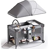 kingobabys 4 in 1 Baby Bassinet,Pack and Play,Bedside Crib Sleeper,Baby Bassinets Bedside Sleeper with Diaper Changer, Mosquito Net,Bottom Storage and Toy Bar for Newborn to Toddles (Grey)