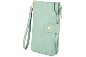 UTO Wallets for Women RFID Large Capacity Leather Vegan Clutch Card Holder Organizer Ladies Purse Wrist Strap New Green
