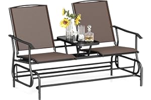 Tangkula 2 Person Swing Glider Chair, Patio Rocking Loveseat w/Center Tempered Glass Table, Outdoor Swing Bench w/Steel Frame & Breathable Mesh Fabric for Porch, Balcony, Poolside (Brown)