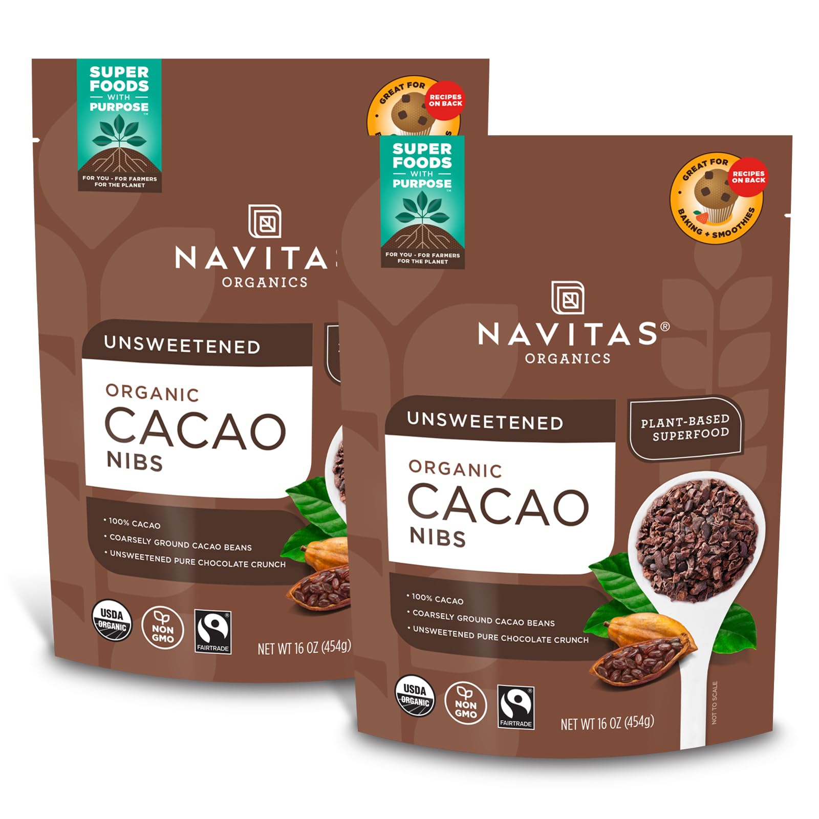 Navitas Organics Raw Cacao Nibs 16oz. bag, 15 servings â€” Organic, Non-GMO, Fair Trade, Gluten-Free (Pack of 2)