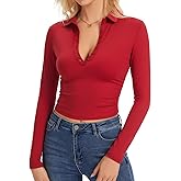 Eyanse Womens Polo Shirts Long Sleeve,Cropped Collared Shirt Cute Fitted V Neck Tops with Button