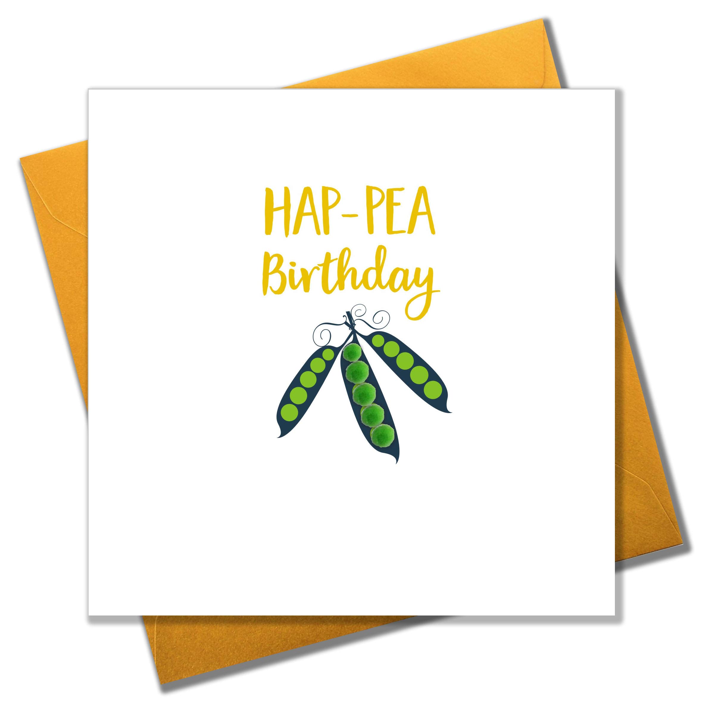 Claire Giles Greeting Cards, Happy Birthday Card, Pea Pods design Birthday Greeting Card, Hap-pea Birthday, Embellished with colourful Pompoms