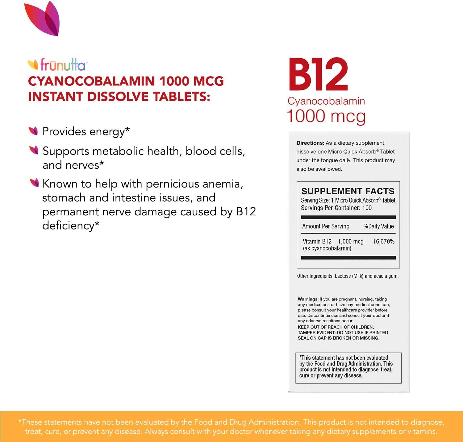 Frunutta Vitamin B12 Cyanocobalamin 1000 mcg, Under The Tongue Instant