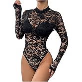 BEAUDRM Women's Floral Long Sleeve Lace Bodysuit Mock Neck Mesh Sexy Tops See Through Sheer Bodysuit