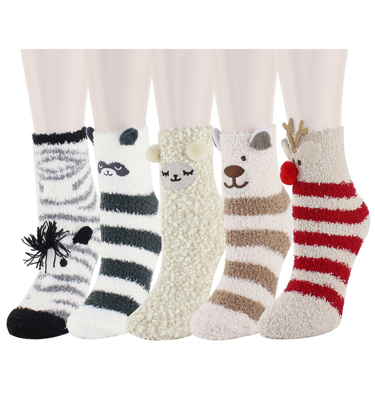 Happypop Women Girls Slipper Socks Cute Animals Fuzzy Crew Winter Warm Socks Thermal Socks (5 Pack-Animals)
