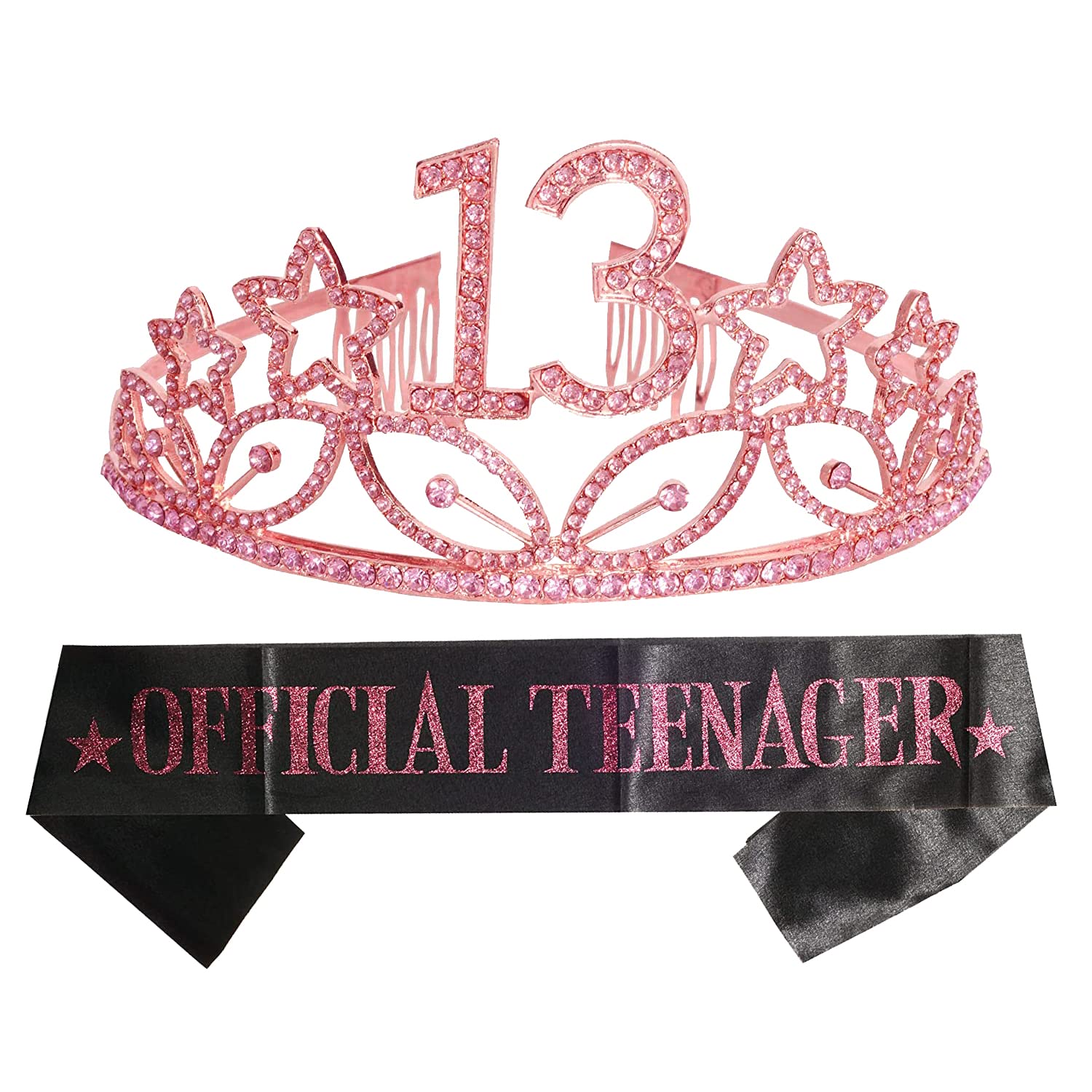 13th Birthday Gifts for Girl, 13th Birthday Tiara and Sash, Happy 13th Birthday Party Supplies, Official Teenager Satin Sash and Crystal Tiara Crown, 13th Birthday Party Decorations