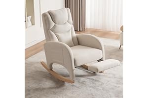 FOXHUNTER Rocking Chair Nursery,Modern Glider Chair with Adjustable Footrest and Solid Wood Legs,High Backrest Nursery Chair with Side Pocket,Rocker Armchair for Living Room Bedroom (Cotton Linen, Beige)