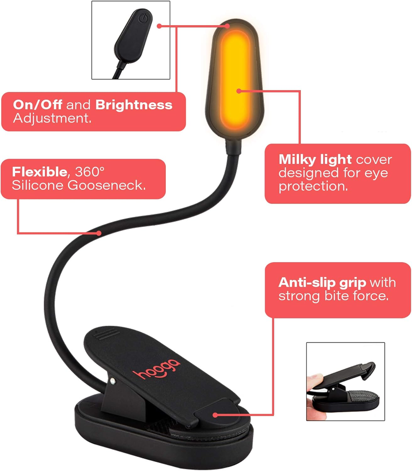 Book Light, Rechargeable Amber Blue Light Blocking Clip-On LED Reading Light by Hooga. 3 Brightness. 1600K. Sleep Aid Eye Care Light for Strain-Free Eyes. Great Gift for Students, Kids, Book Lovers.: Home Improvement