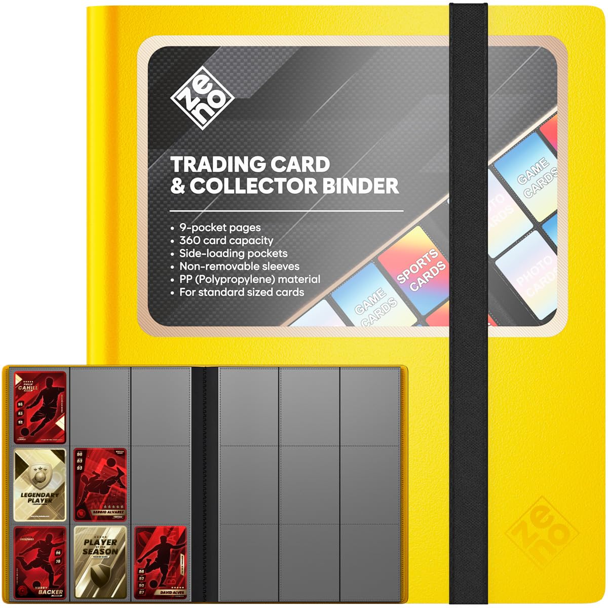 Trading Card Binder 9 Pocket, Card Collection Binder with 360 Capacity, Side Loading Nonremovable Sleeves, Durable PP (Polypropylene) Material for Standard Size Trading Cards TCG Sports Cards - Yellow