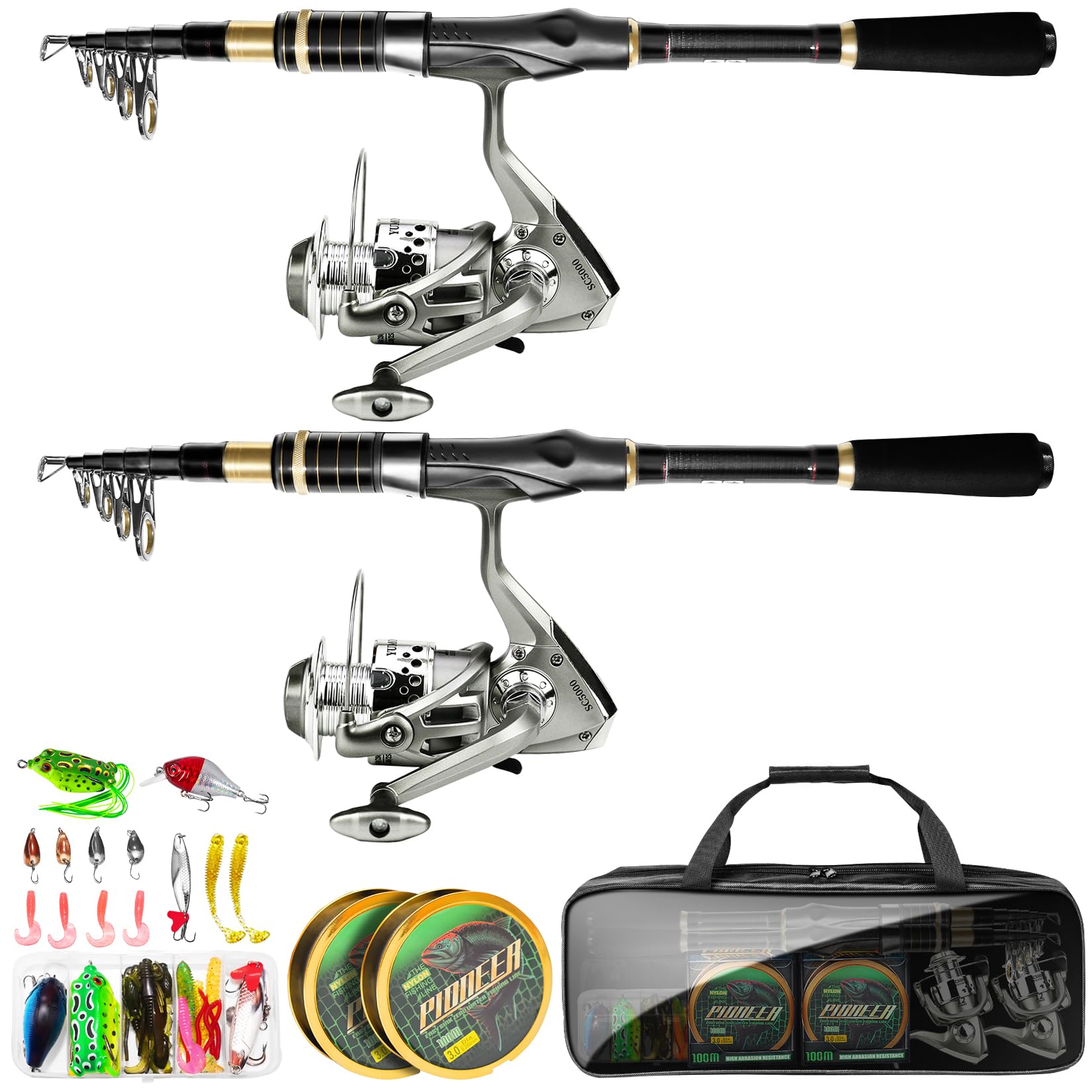 Photo 1 of Telescopic Fishing Rod Combo - 2PCS 7.89FT Collapsible Carbon Fiber Pole Set, Spinning Reel Lures Lines Kits with Carrier Bag for Travel Saltwater Freshwater Fishing Gifts for Adults Beginer
