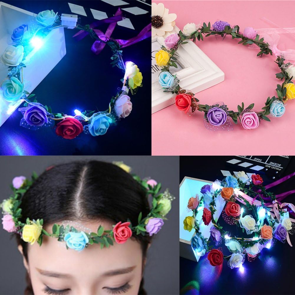 Glow In The Dark Party Supplies - LED - Floral Headband Wreaths (Set of 3) Crown Of Garland Bohemia for Festivals & Weddings - 7 Year Old Girl Gifts