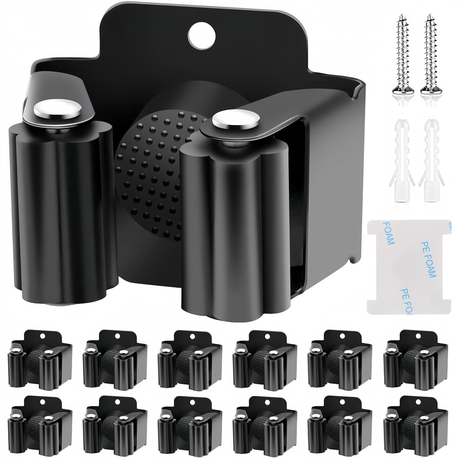 KAHEIGN 12Pcs Stainless Steel Broom Holders, Wall Mounted Mop Bracket Heavy Duty Tool Hook Brush Storage Organiser with Non-slip Silicone Gear for Kitchen Bathroom Closet Garden Garage