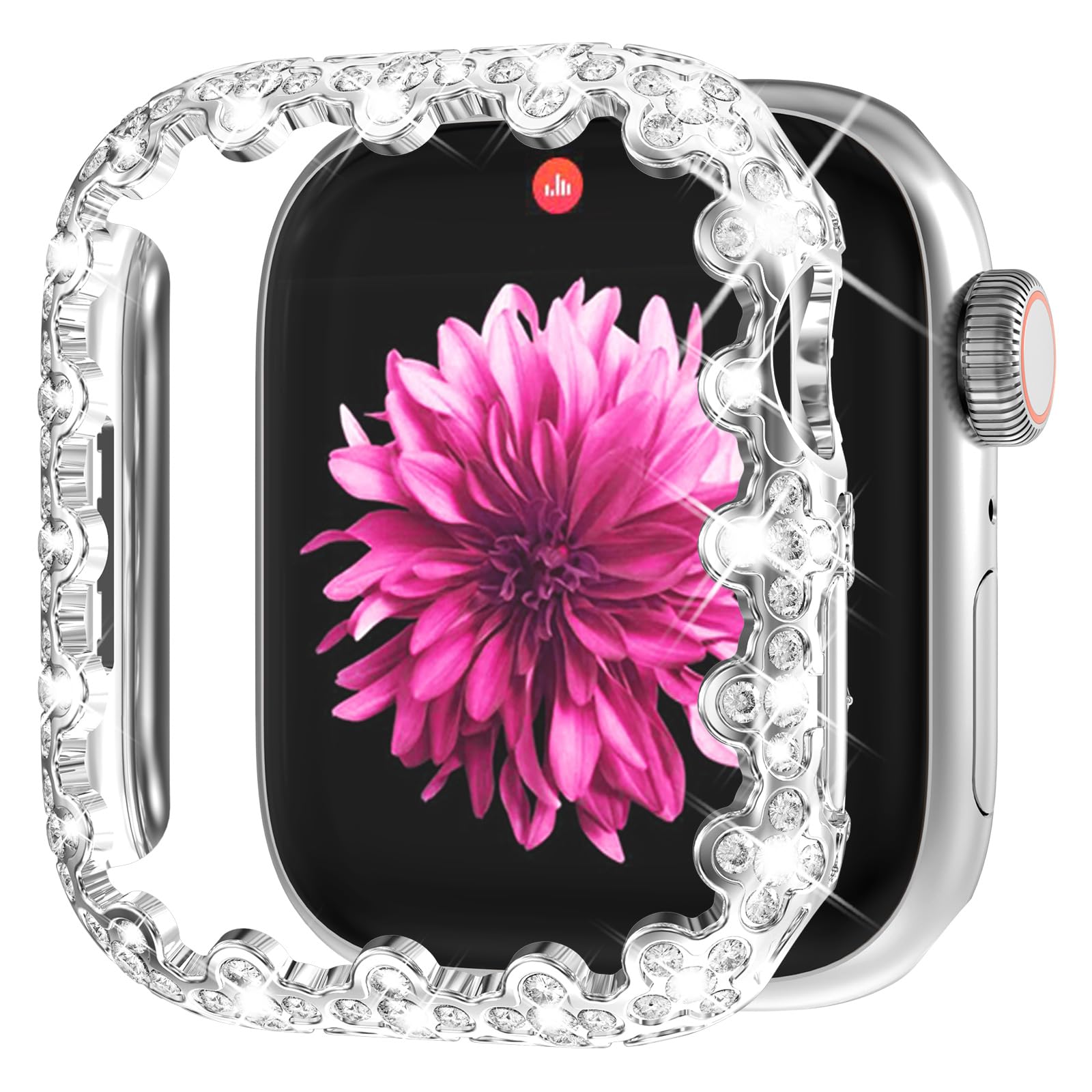 WINGLE Bling Case for Apple Watch 44mm Screen Protector Case Series 6 5 4 SE (2nd Gen), Lace Edge 4 Leaf Clover Diamond Face Cover Glitter Rhinestone Protective Bumper for iWatch Women, 44mm Silver