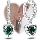 Heart Hoop Earrings with Dangle Sterling Silver Love Heart-Shaped Loop Earrings for Women Hypoallergenic Sparkle Birthstone Cubic Zirconia Hoop Earring with Dangling Charms Dainty Fashion Jewelry Gift
