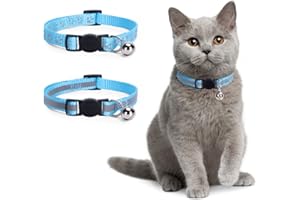 Nobleza Kitten Collar with Bell, 2 Pack Breakaway Cat Collars with Safe Quick Release Buckle, Paw Print & Strip Reflective Adjustable Soft Pet Collar for Small Medium Kitty Cats