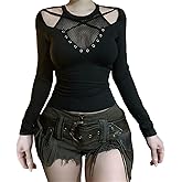Sup-Coente Goth Cutout T Shirt Women Y2k Grunge Fishnet Top Punk Long Sleeve Emo Crew Neck