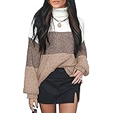 OFEEFAN Turtlenecks Tops for Women Oversized Sweaters Fall Outfits 2026 Plus Size Clothes Long Sleeve Shirts Color Block