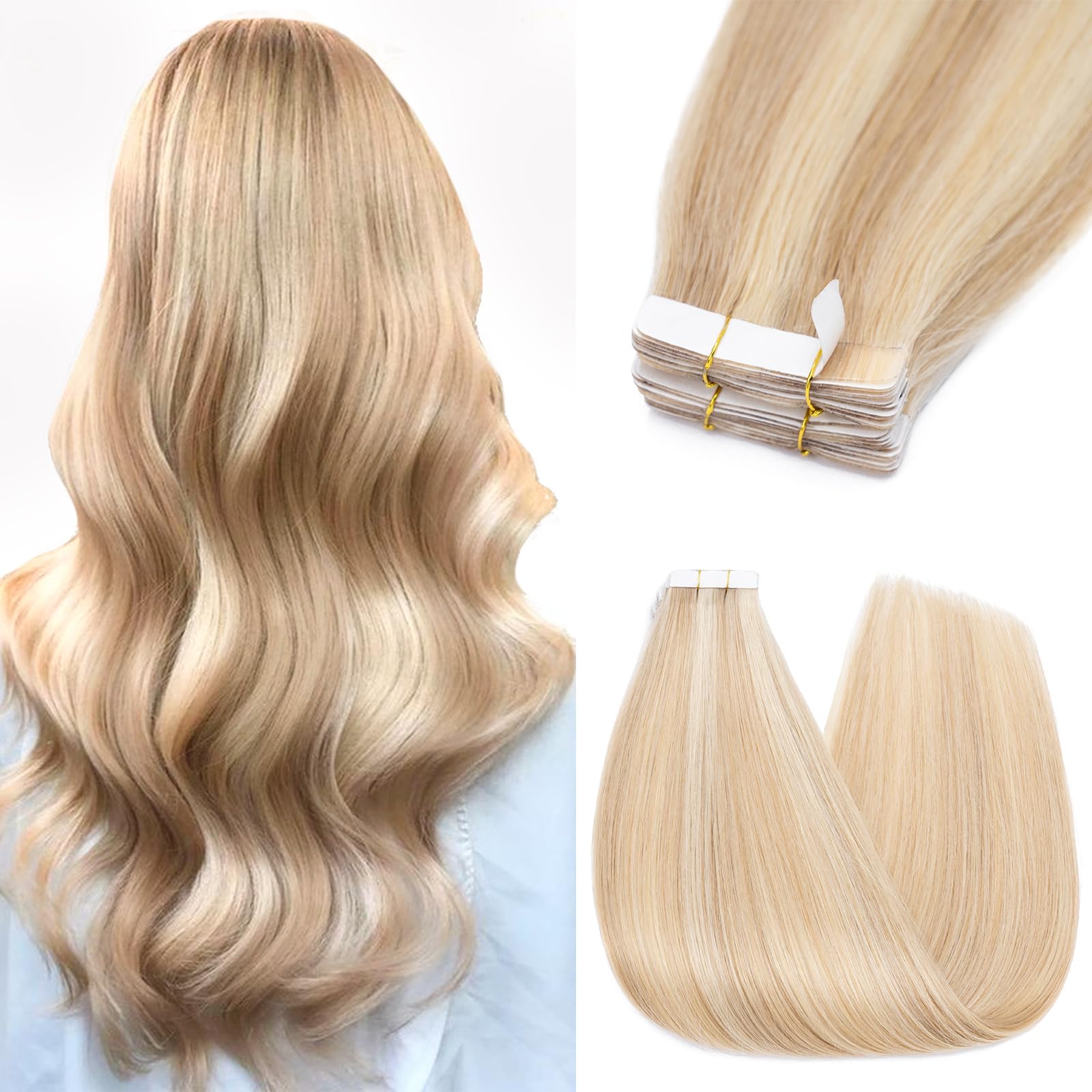Silk-co Real Remy Tape in Straight Human Hair Extensions 10pcs 16inch #18P613 Ash Blonde&Bleach Blonde Balayage Seamless Tape on Hair Extension Straight Human Hair
