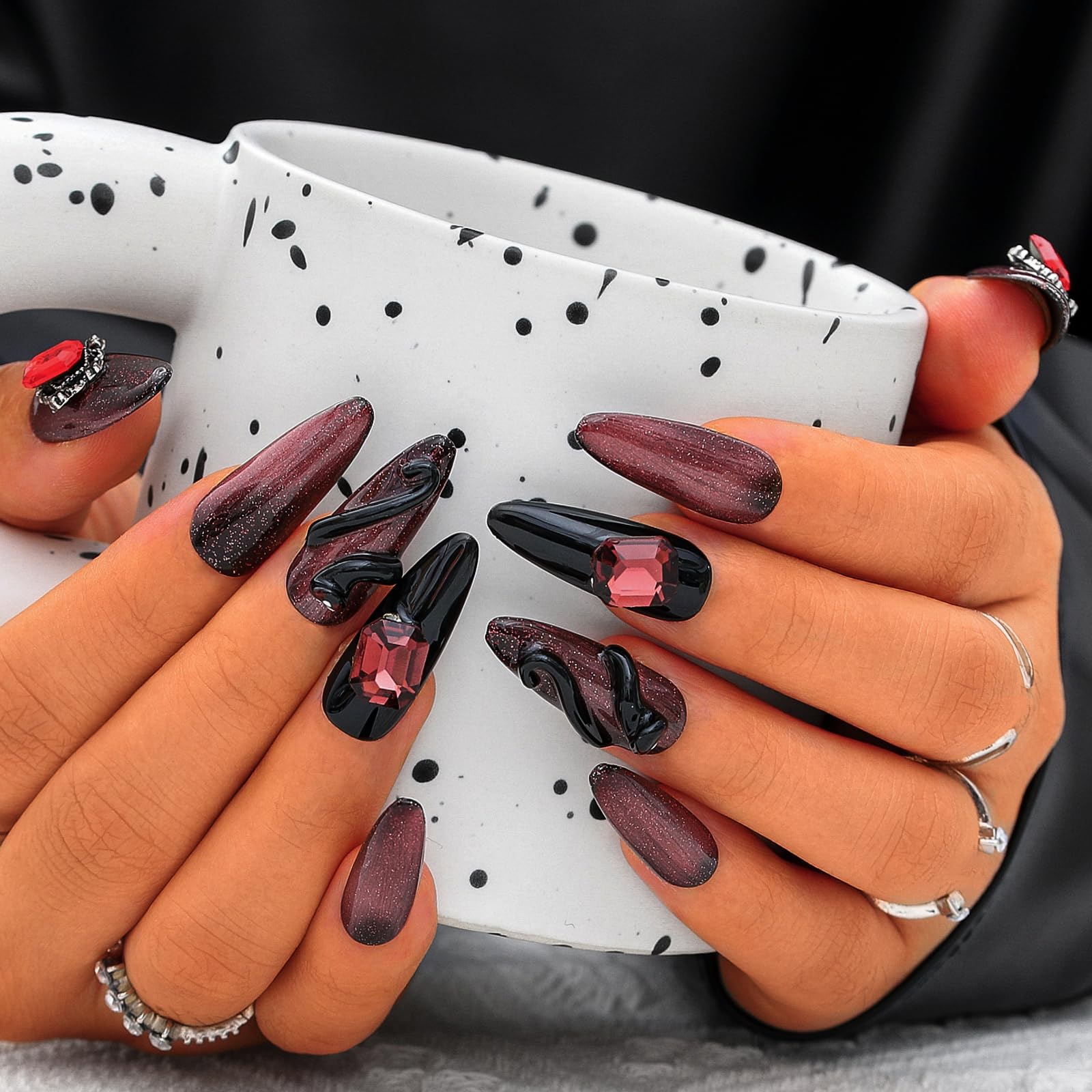 Sethexy Punk Handmade Press On Nails Long Stiletto Acrylic False Nails with Design Glossy Rhinestone Salon Fake Nail for Women and Girls 10PCS (Dark Red) — image 1