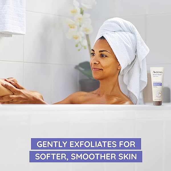AVEENO STRESS RELIEF BODY SCRUB, EXFOLIATING BODY WASH FOR SOFTER, SMOOTHER SKIN, FORMULATED WITH PREBIOTIC OAT & LAVENDER SCENT TO CALM & RELAX, SULFATE-FREE & SOAP-FREE, 8 FL. OZ