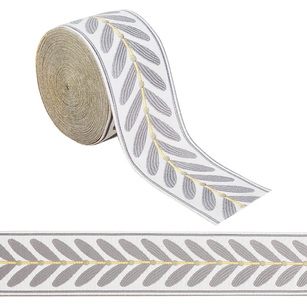OLYCRAFT 10M Jacquard Ribbon Trim 60mm Leaf Pattern Jacquard Polyester Ribbons Grey White Leaf Jacquard Woven Embroidery Trim for DIY Sewing Crafts Handmade Bag Belts Clothing Decoration