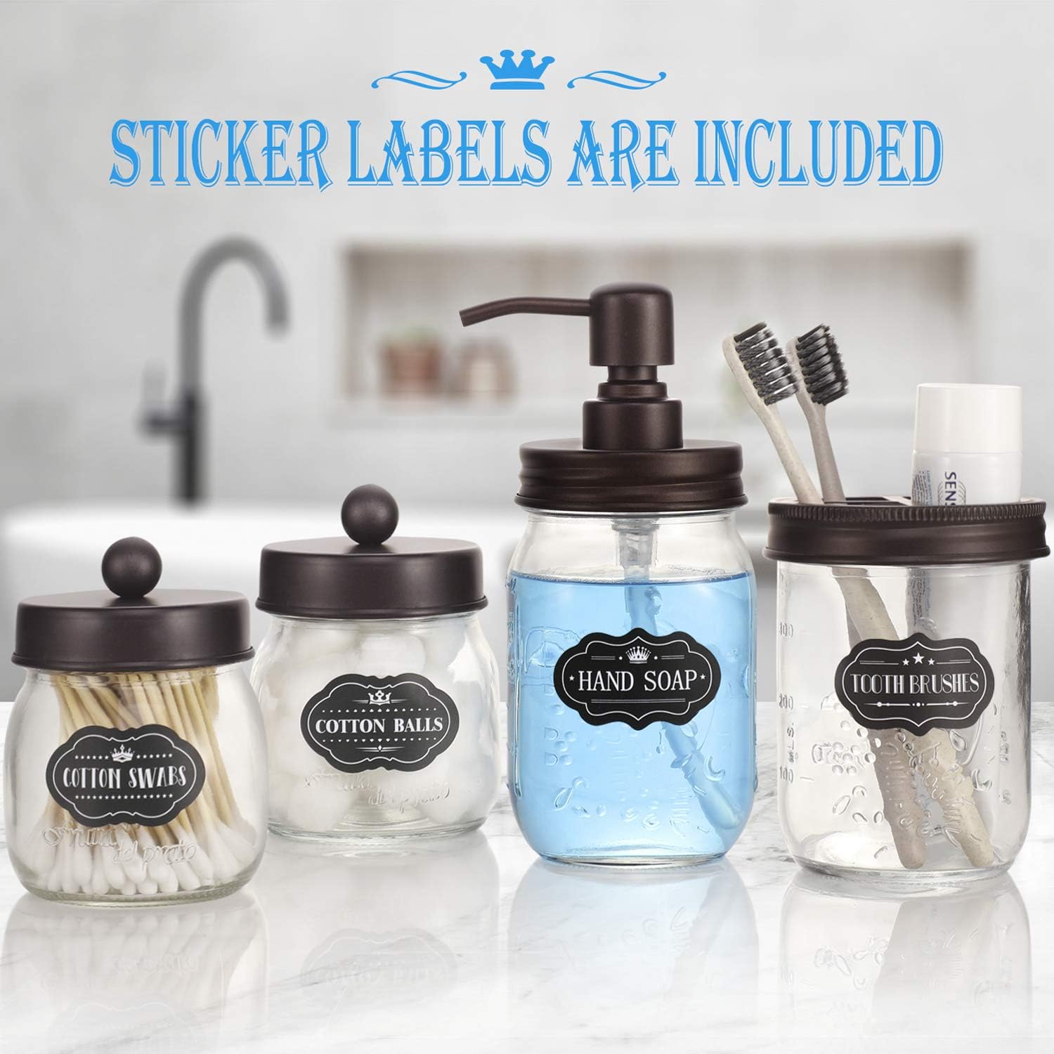AOZITA Mason Jar Bathroom Accessories Set 4 Pcs - Mason Jar Soap Dispenser & 2 Apothecary Jars & Toothbrush Holder - Rustic Farmhouse Decor, Bathroom Home Decor, Countertop Vanity Organize - Bronze: Home & Kitchen