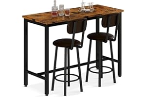 AWQM 47.2" Bar Table Set of 2,Pub Height Table & 2 PU Upholstered Stools with Backrest,3 Piece Breakfast Bar Table Sets,for Living Room,Kitchen,Bar,Rustic Brown & Black & Brown