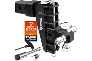 Airbird Adjustable Trailer Hitch Fits 2-Inch Receiver, Heavy Duty Tow Hitches (17000 LBS GTW) 8 Inch Drop Truck Hitch Tri-Ball Mount with Hook (1-7/8" x 2" x 2-5/16")…