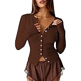 KIGRAD Womens Open Front Button Up Cropped Cardigan Ribbed Knit Long Sleeve Shirt Casual Solid Crop Top Cardigan Sweater