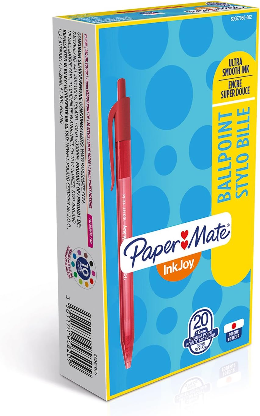 Paper Mate InkJoy 100RT Retractable Ballpoint Pens, Red, 20 pack