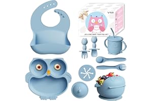 VOD VISUAL 13Pcs Silicone Baby Feeding Set - Baby Spoon, Baby Bowls, Baby Plates with Suction, Baby Bib, Toddler Cups with Replaceable Lids (Blue)